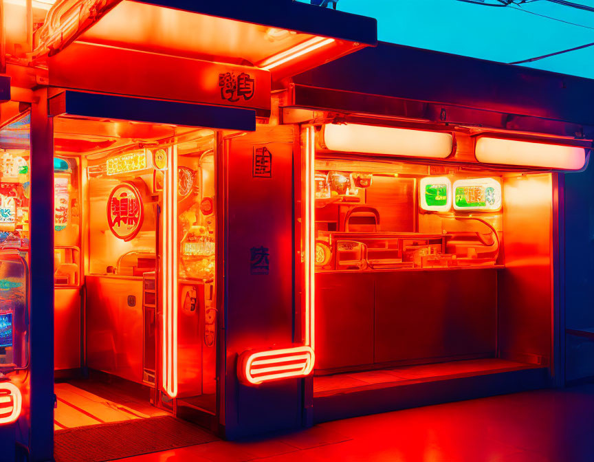 Vibrant Asian Street Food Stall with Neon Lights