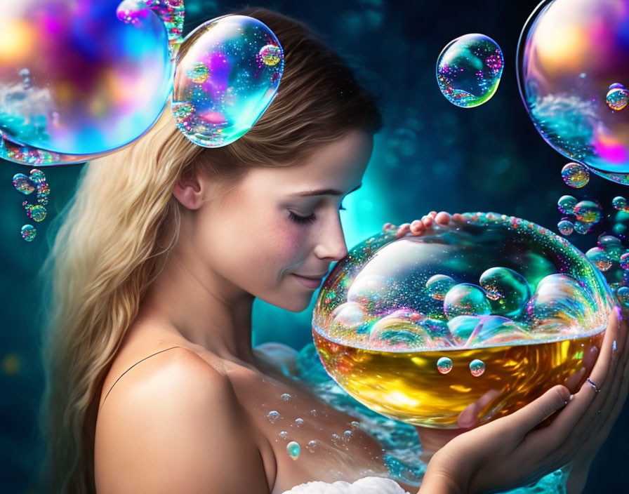 Woman holding vibrant bubble surrounded by smaller bubbles on blue background