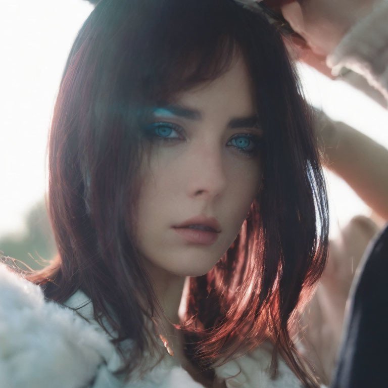 Person with Striking Blue Eyes and Dark Hair in Sunlight