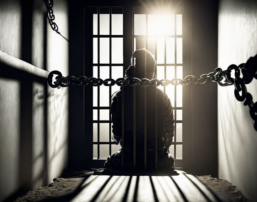 Person chained to window in dim room with sunlight and shadows