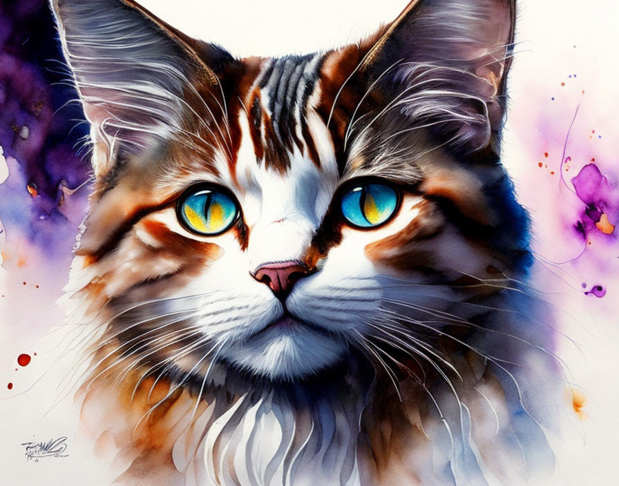 Colorful Watercolor Painting of Cat with Blue Eyes and Orange Fur