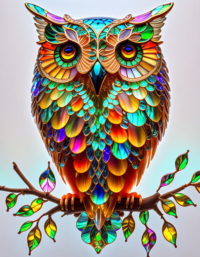 Colorful Metal Owl Perched on Branch with Detailed Patterns