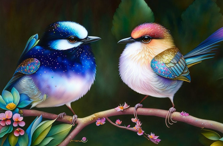 Colorful celestial birds perched on branch with pink flowers