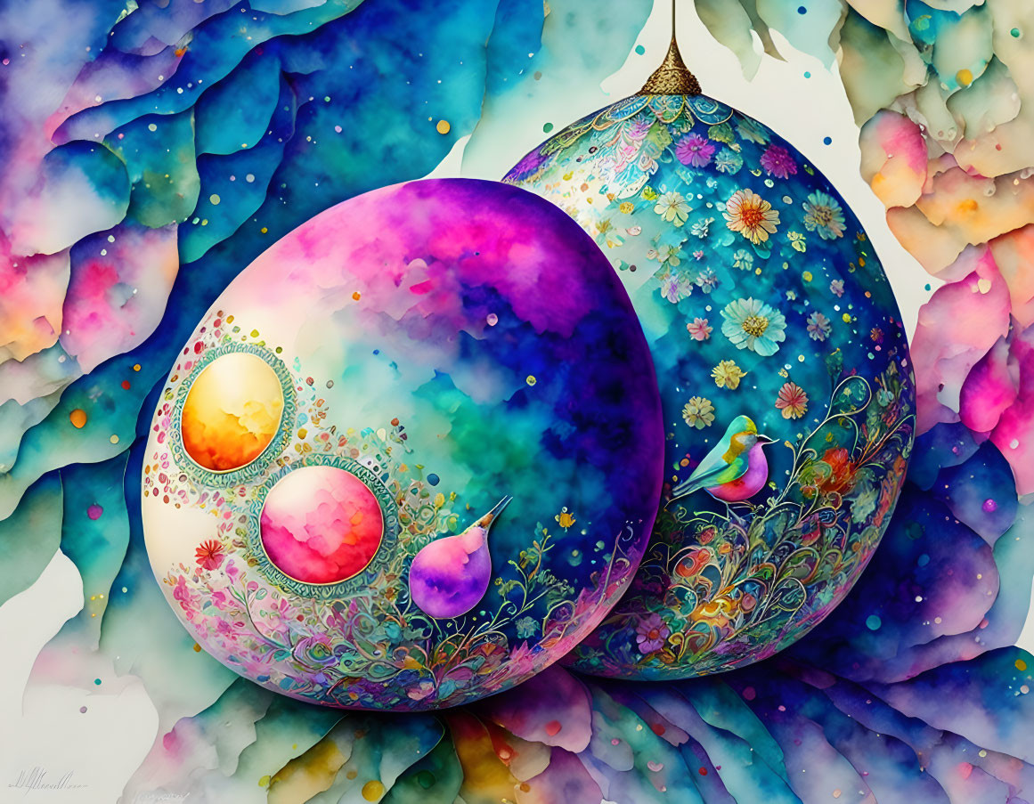 Colorful painting featuring ornate spherical objects with floral patterns on a watercolor backdrop, with a bird