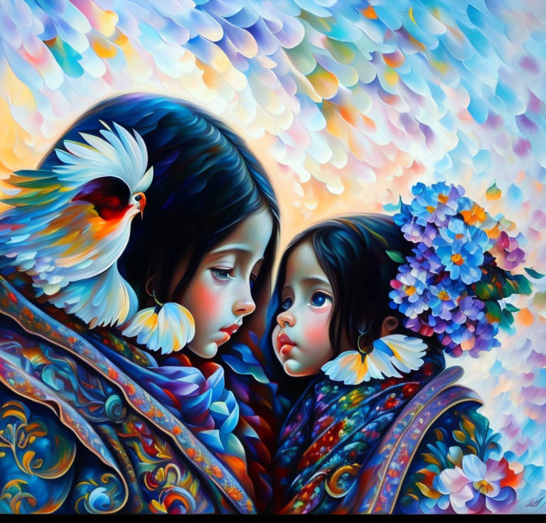 Colorful stylized children with bird on shoulder against vibrant feather-like backdrop