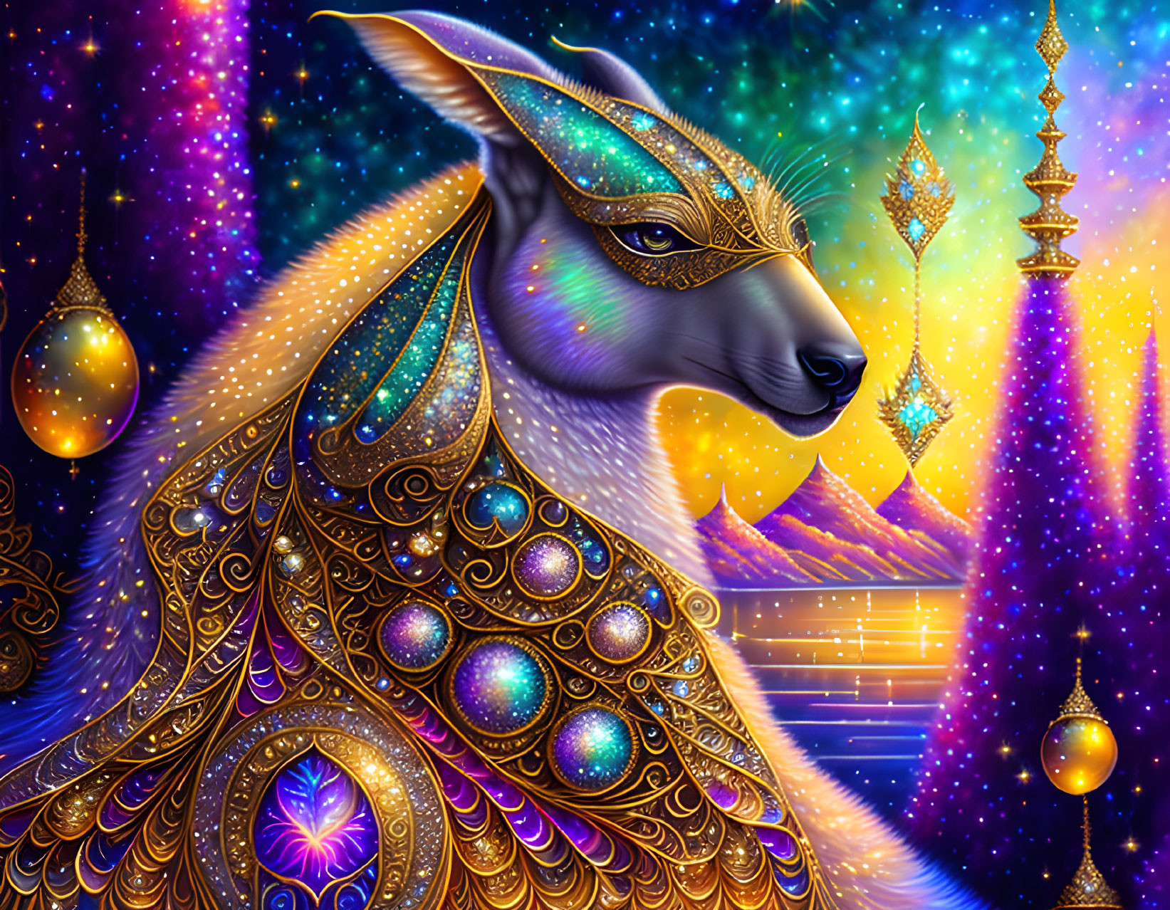 Ornate golden and blue cat in cosmic setting with lanterns and stairs