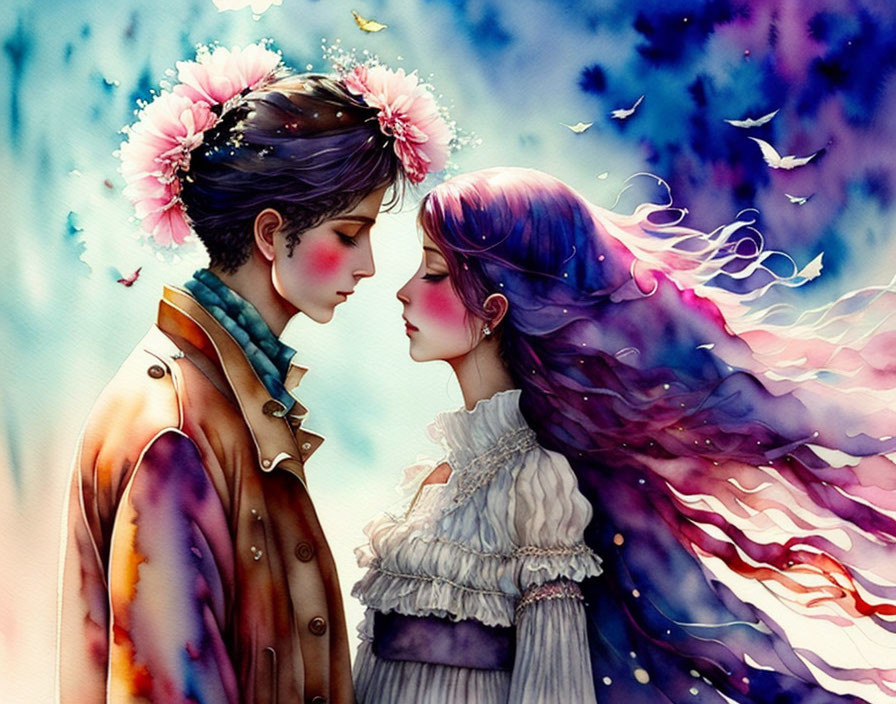 Colorful painting of man and woman embracing in whimsical setting