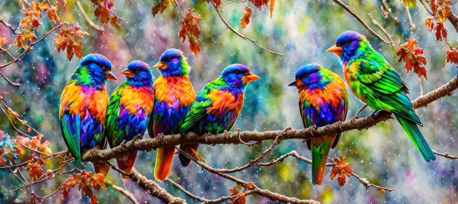 Colorful Rainbow Lorikeets on Autumn Branch with Rain Droplets