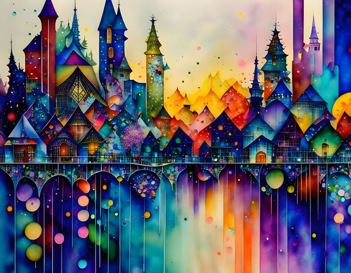 Colorful Fantasy Castle with Spires Against Starry Sky and Rainbow Cascade