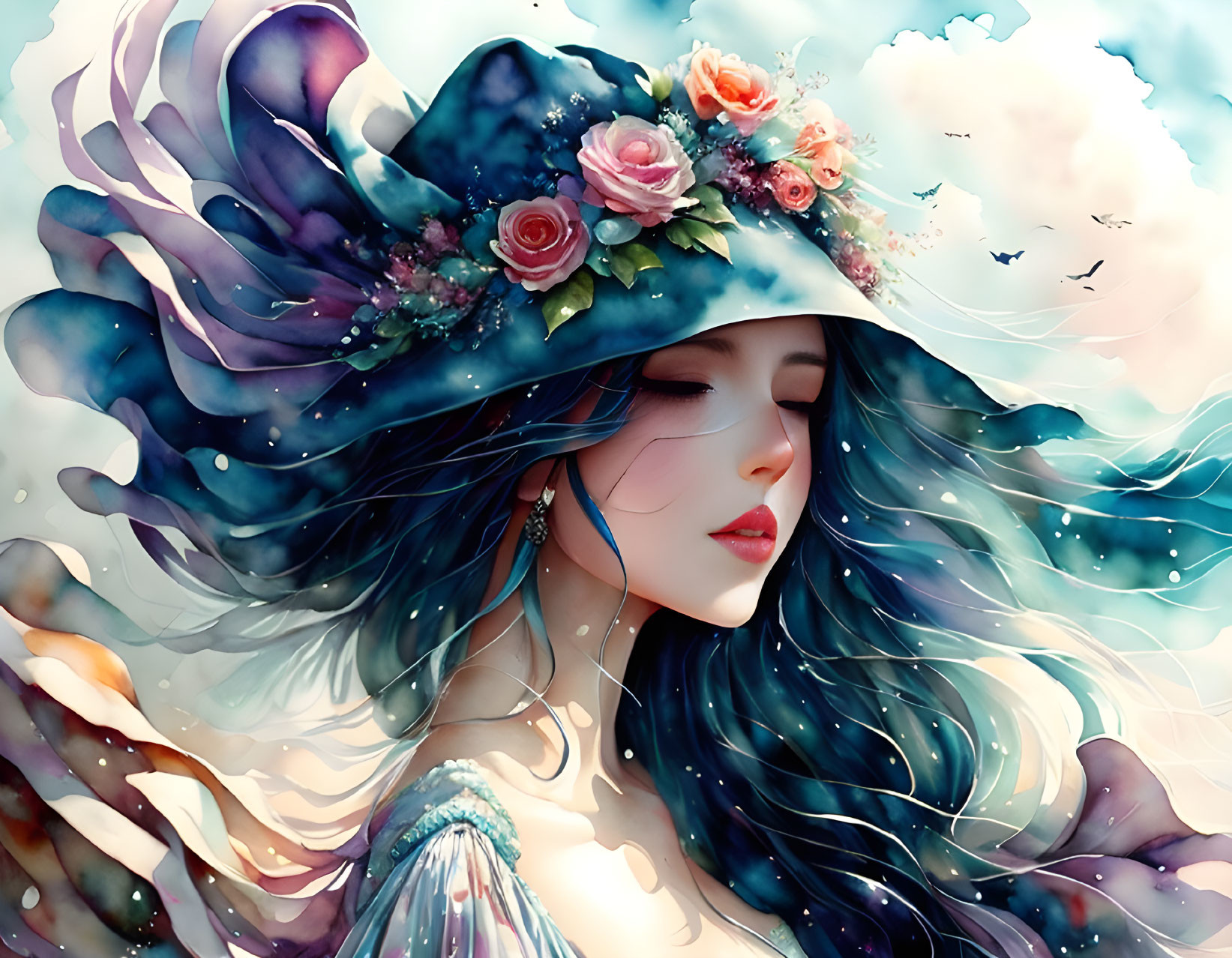 Dark-haired woman in wide-brimmed hat with flowers against whimsical cloudy backdrop