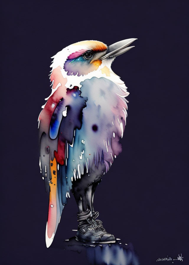 Colorful Stylized Bird Painting with Watercolor Effects and Black Boot on Dark Purple Background