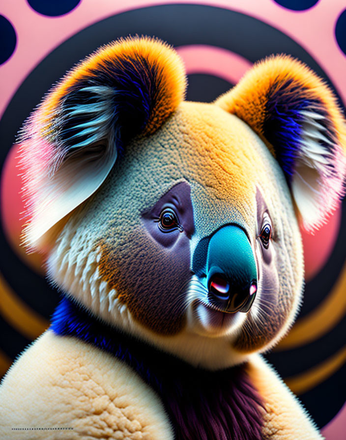 Vibrant stylized koala art with abstract patterns on circular backdrop