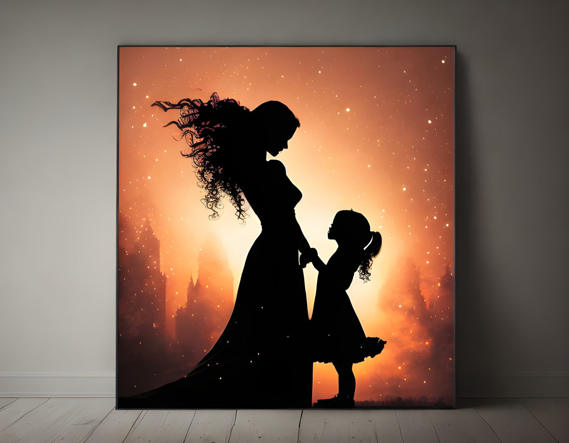 Mother and daughter silhouette against orange starry sky and city skyline