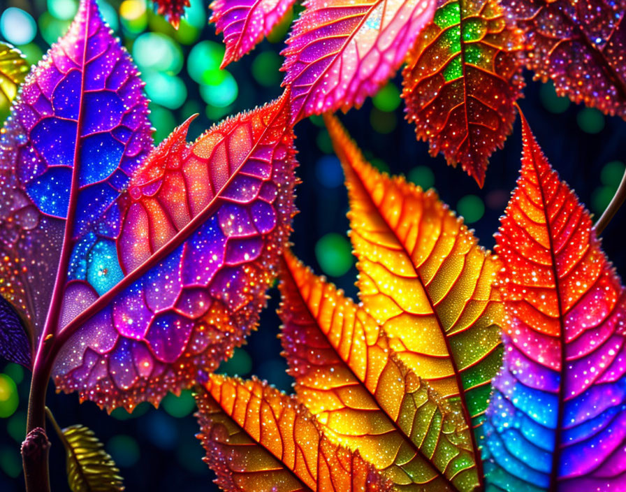 Multicolored Leaves with Dewdrops Under Bright Lights