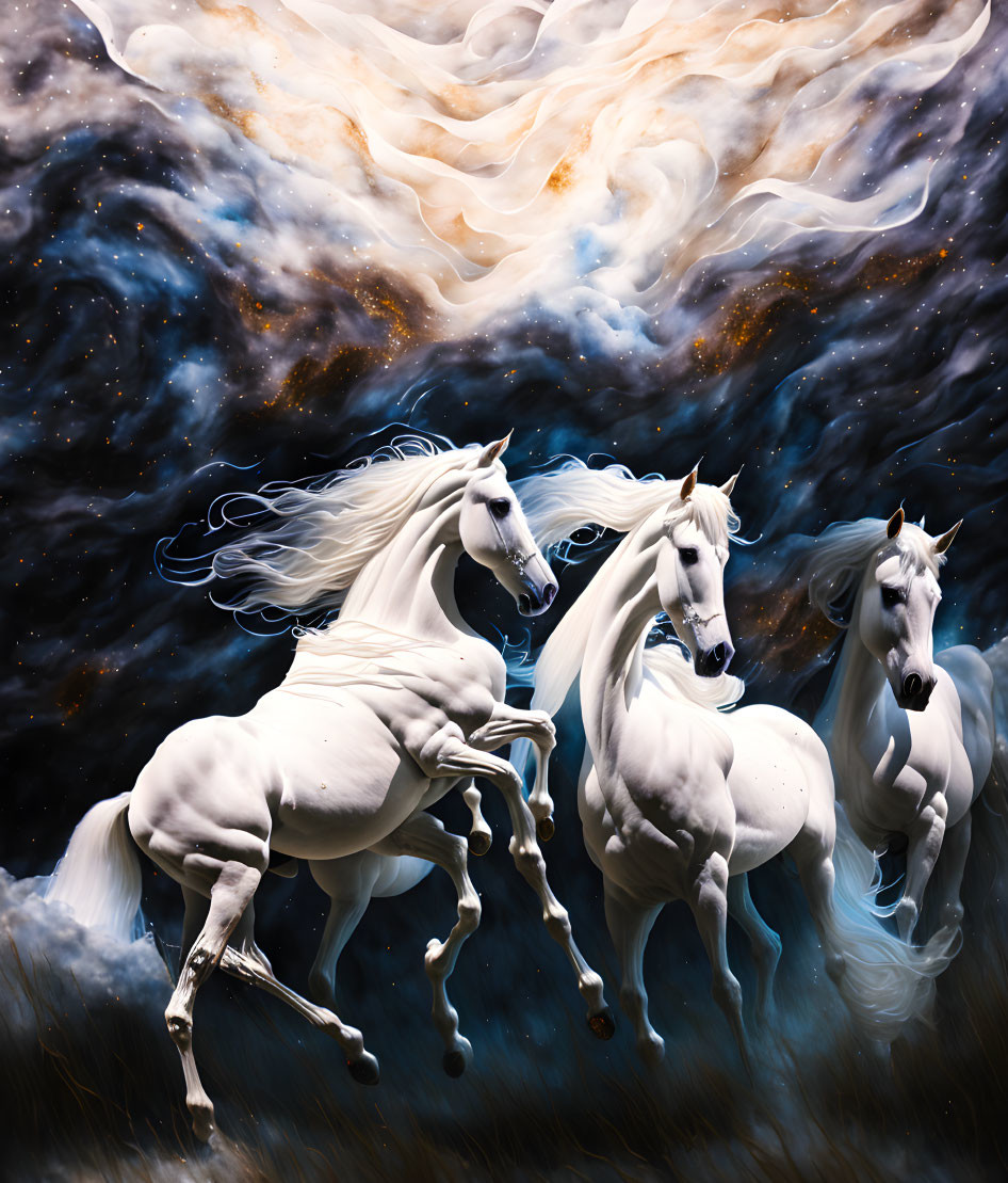 Fantastical cosmic scene: Three white horses gallop amidst swirling starry clouds