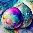 Colorful painting featuring ornate spherical objects with floral patterns on a watercolor backdrop, with a bird