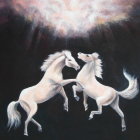 Fantastical cosmic scene: Three white horses gallop amidst swirling starry clouds