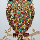 Colorful Metal Owl Perched on Branch with Detailed Patterns