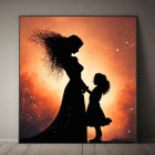 Mother and daughter silhouette against orange starry sky and city skyline