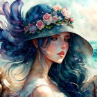 Dark-haired woman in wide-brimmed hat with flowers against whimsical cloudy backdrop