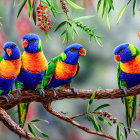 Colorful Rainbow Lorikeets on Autumn Branch with Rain Droplets