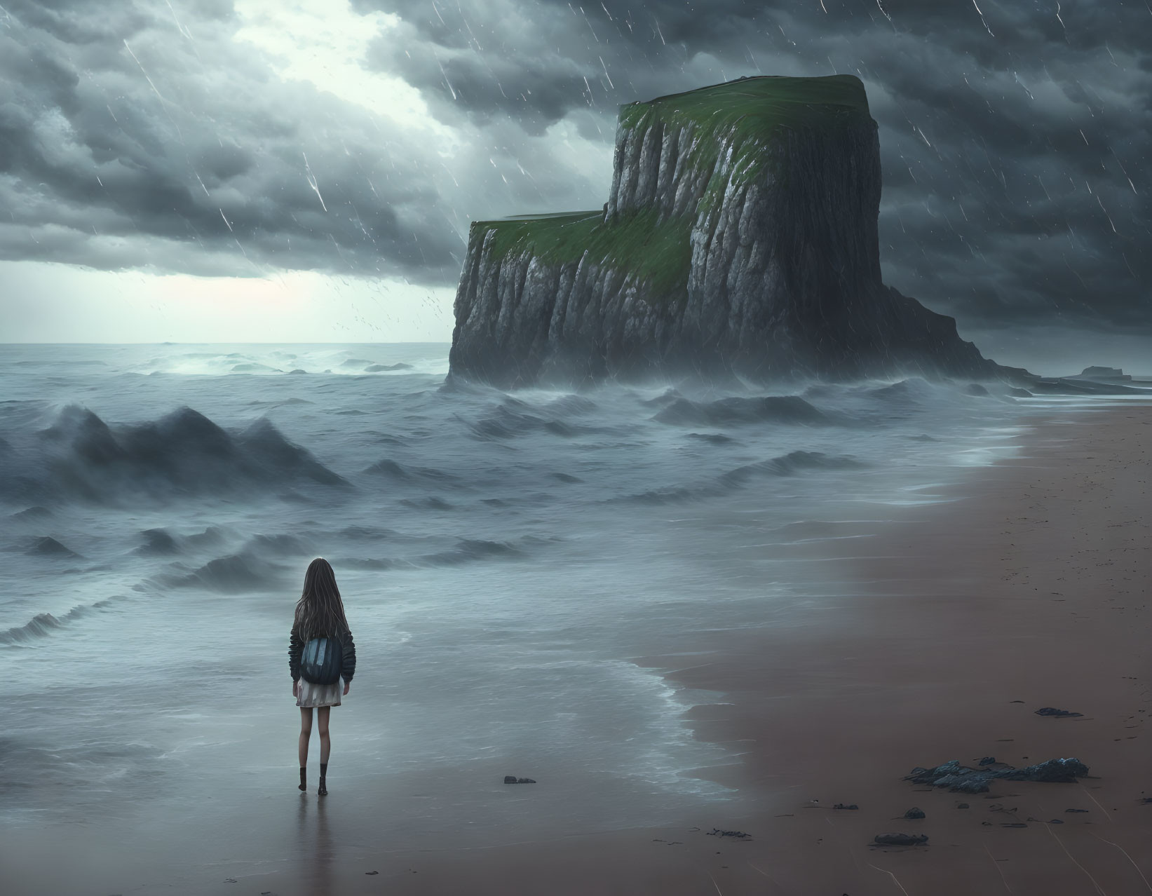 Person standing on stormy beach facing large waves and towering cliff under dark sky