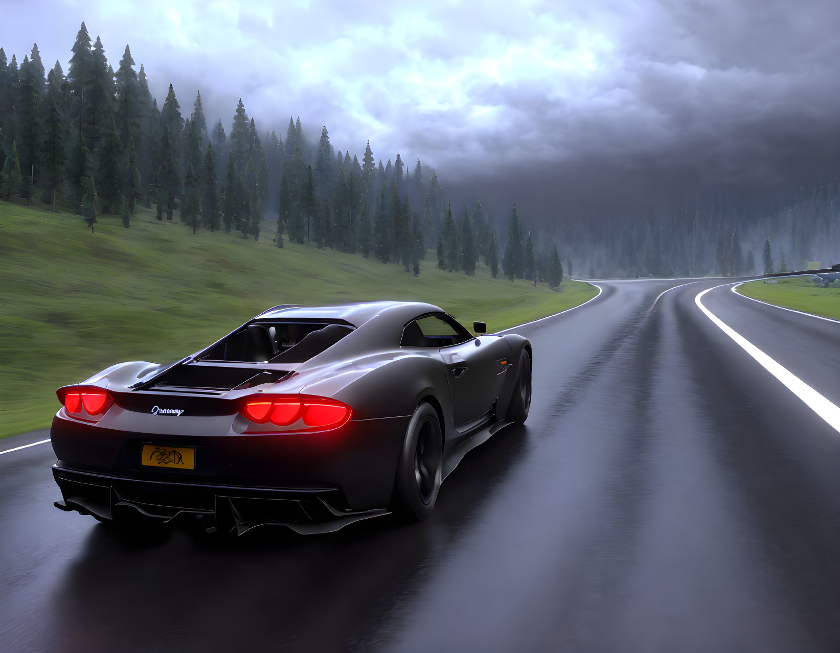 Black Sports Car Driving on Wet Road Through Dense Trees Under Dark Cloudy Sky