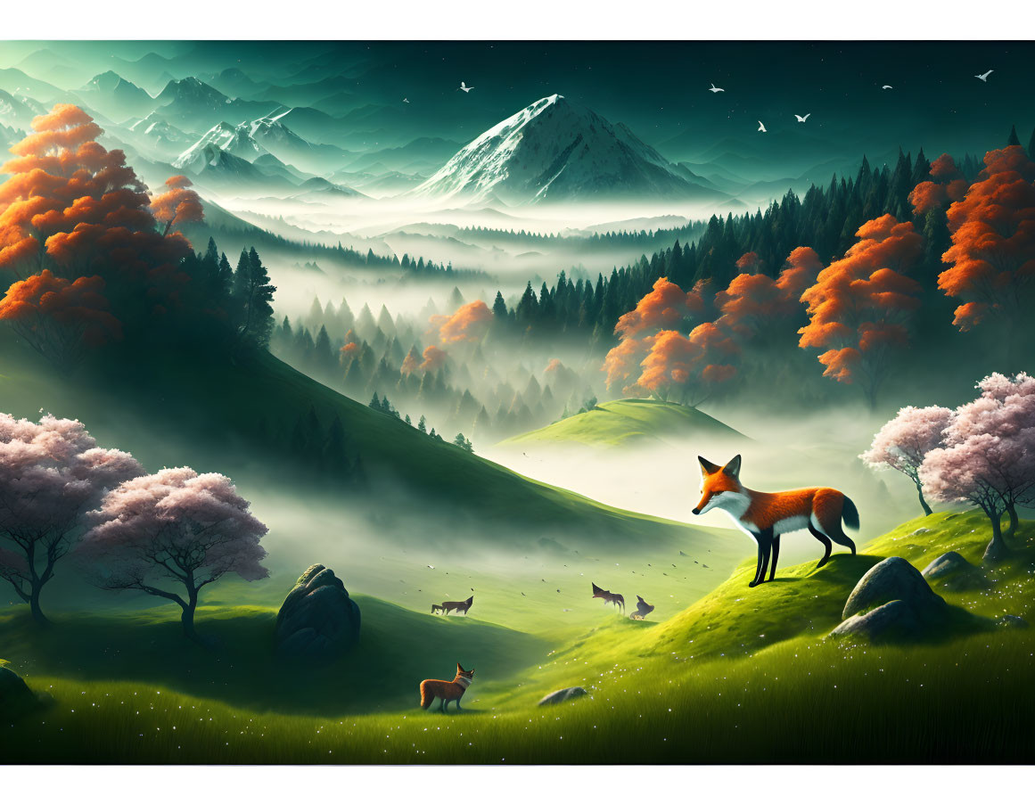 Tranquil landscape painting with fox, deer, orange trees, mountains