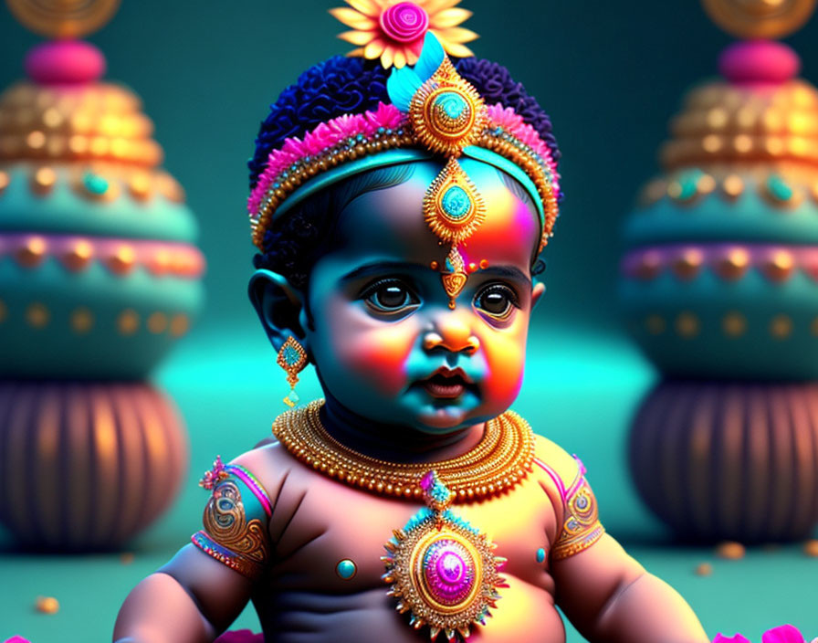 Vibrant digital artwork: infant in traditional jewelry on teal background