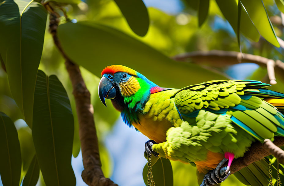 Colorful Rainbow Lorikeet on Branch with Green Leaves and Blue Sky