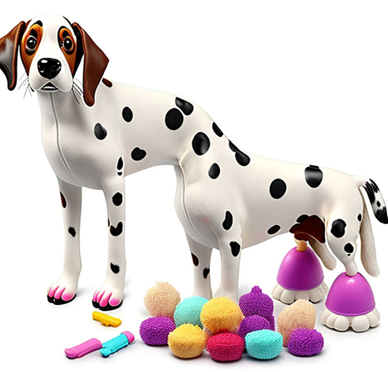 Colorful 3D Dalmatian Dog with Toys and Balls