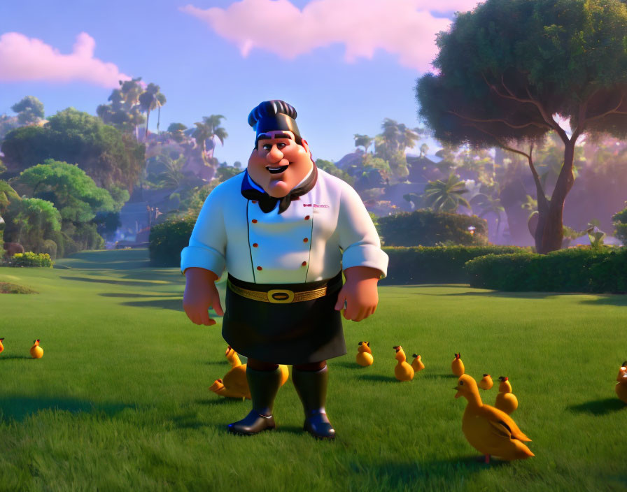 Animated chef in uniform with playful ducks in sunny park