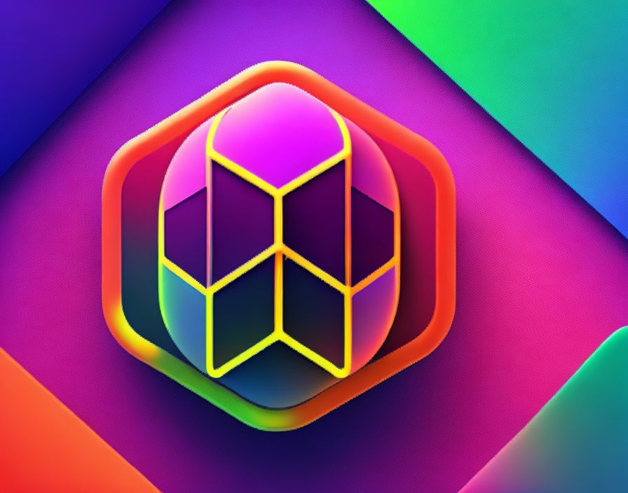 Neon-colored abstract geometric wallpaper with 3D cube on multicolored gradient.