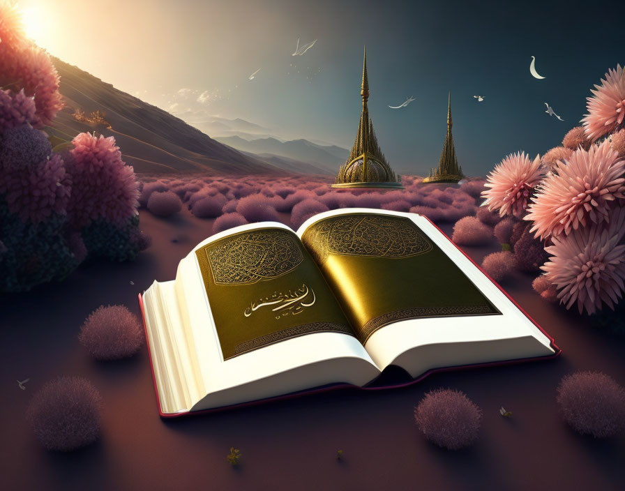 Open Arabic script book on fantastical landscape with pink foliage and golden domes at dusk