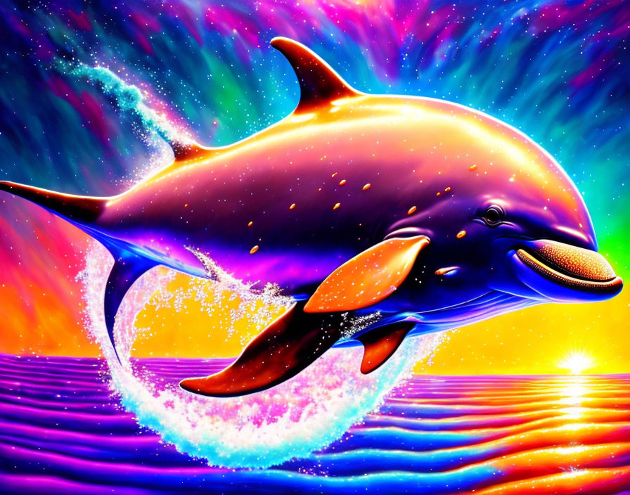 Colorful Dolphin Leaping in Neon Water with Galaxy Background