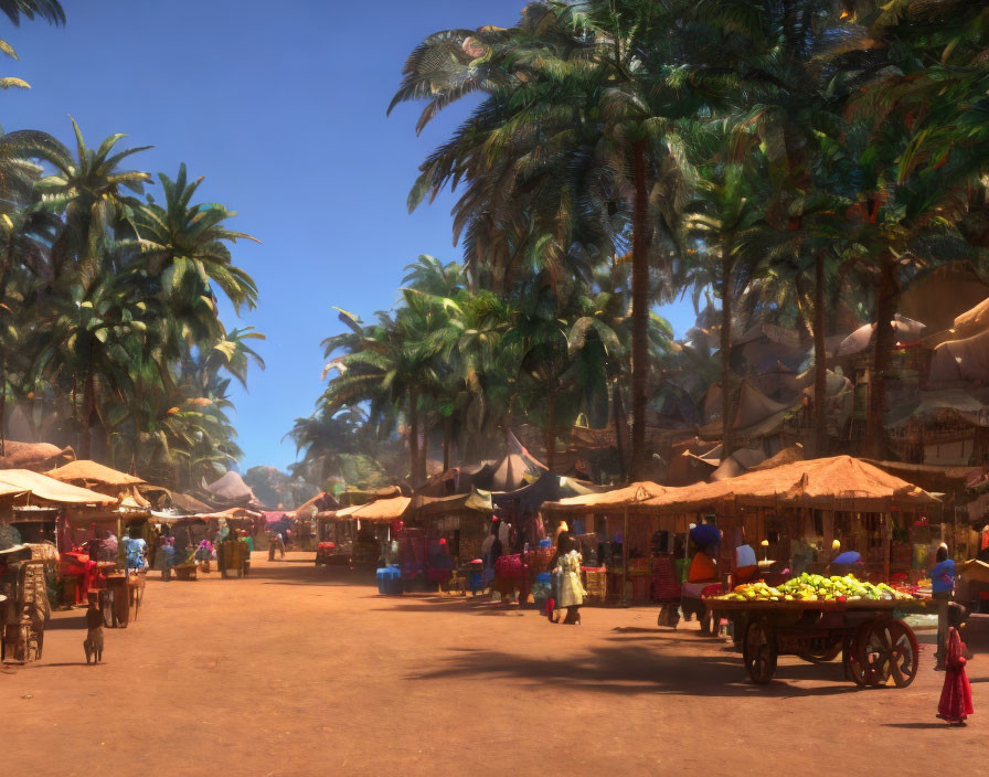 Vibrant tropical marketplace with palm trees, colorful stalls, and bustling crowd