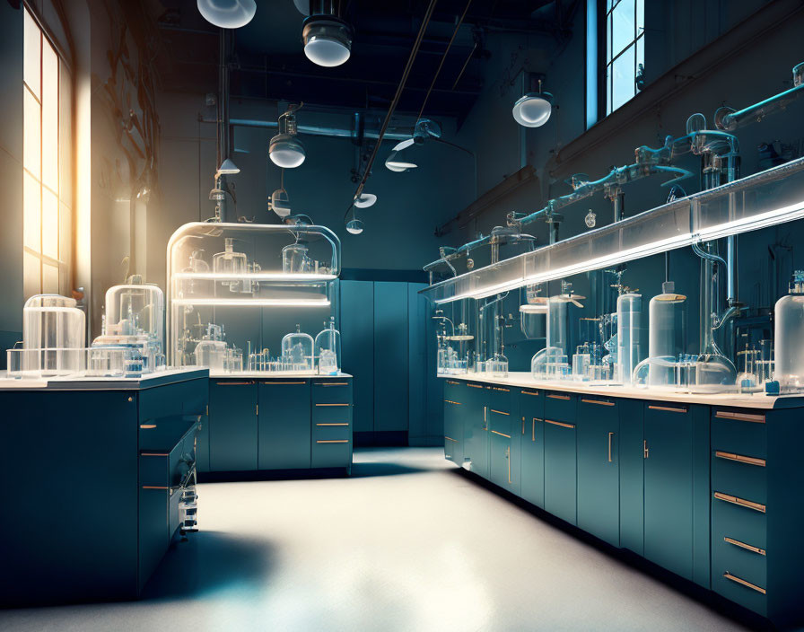 Contemporary laboratory with blue cabinets and glassware under bright light