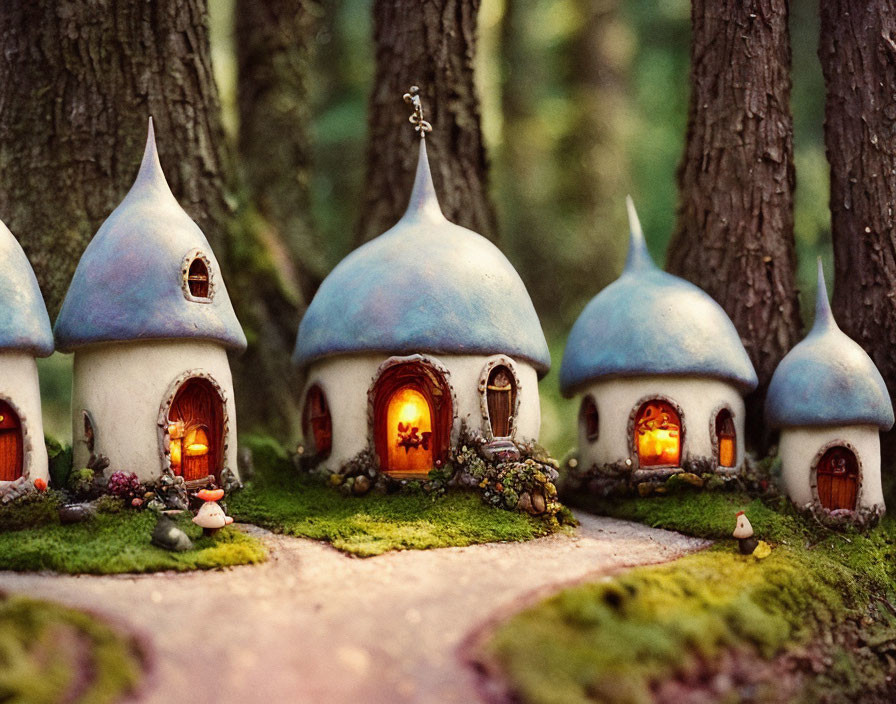 Miniature fairy-tale village: whimsical houses, rounded doors, glowing windows, cobblestone