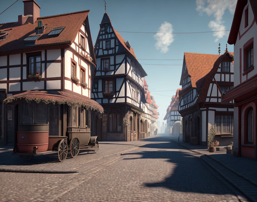 Charming cobblestone street with half-timbered houses and vintage cart in soft sunlight