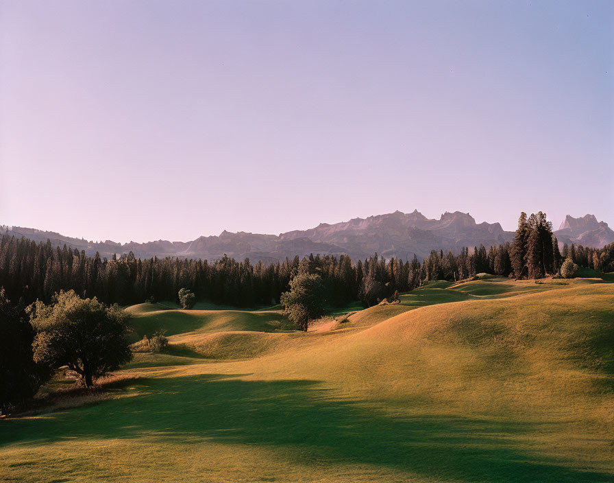 Tranquil Golf Course with Rolling Hills and Mountain Views