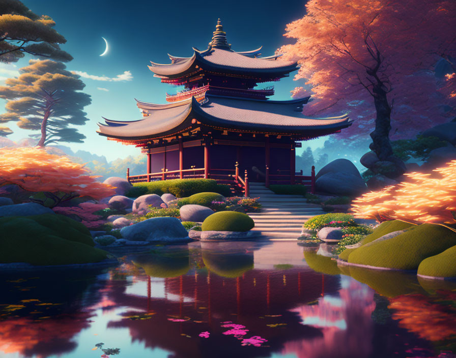 Japanese Temple with Cherry Blossoms at Twilight Pond