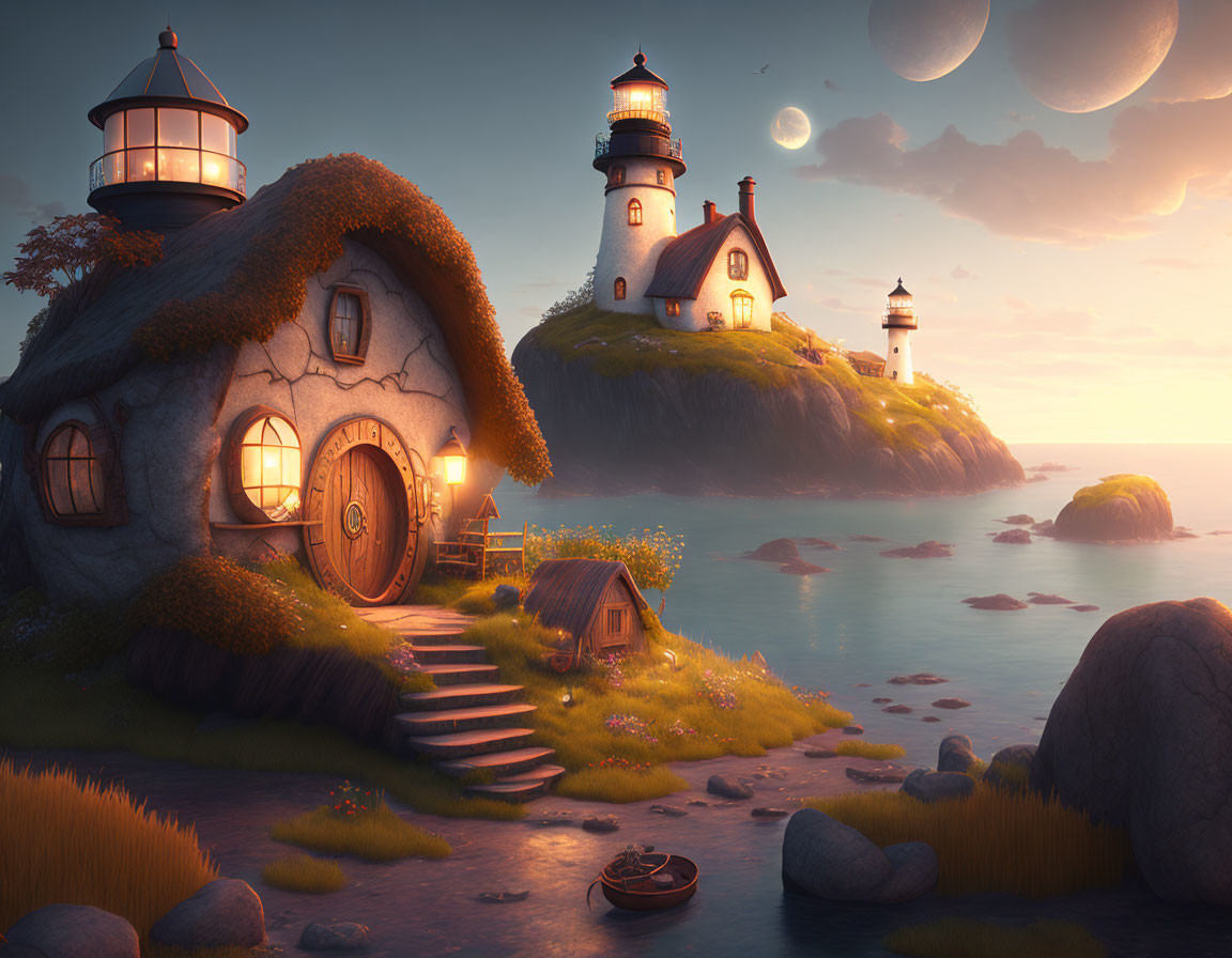 Fantasy coastal scene with twin lighthouses and moons at sunset