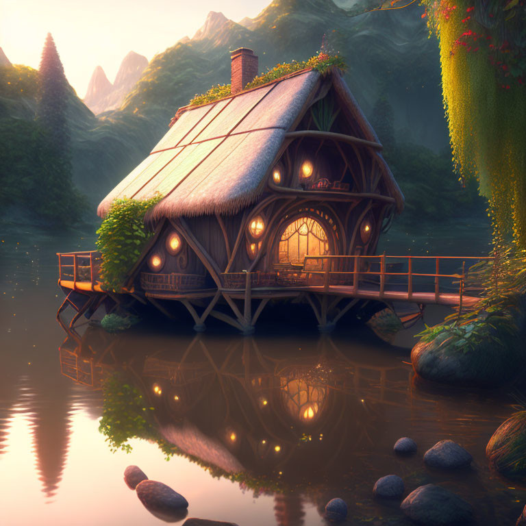 Fantasy cottage on stilts by river at twilight