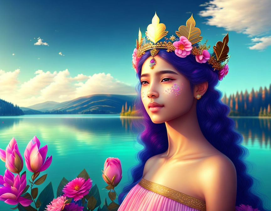 Digital illustration: Woman with purple hair and golden crown by serene lake & mountainscape.