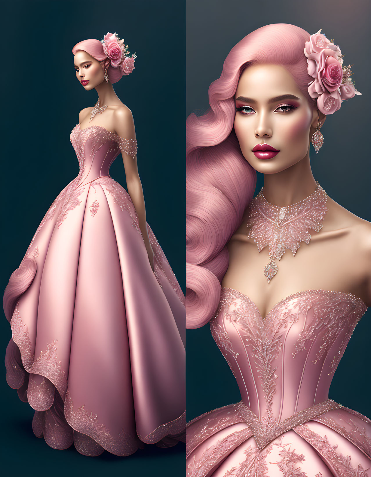 Elegant woman with pink flowing hair in embellished gown