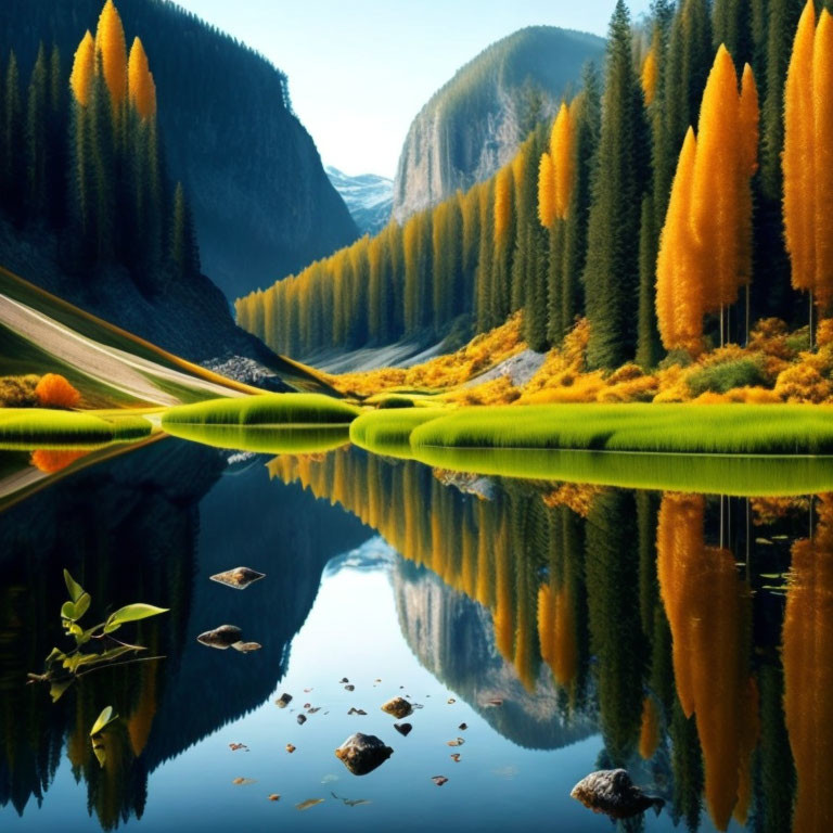 Tranquil lake with autumn trees and rocky outcrops