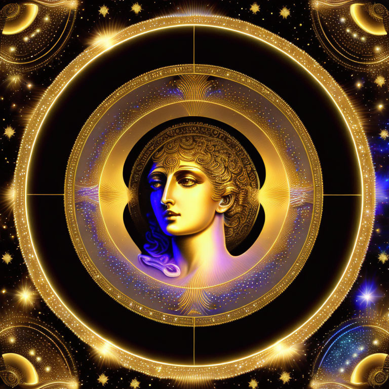 Stylized golden female face with cosmic patterns and stars on black background