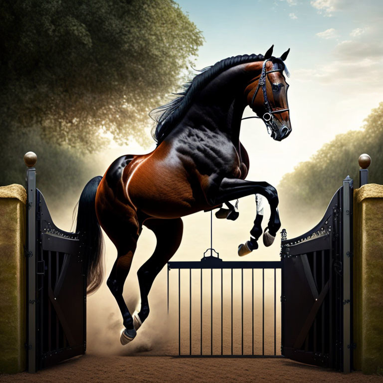 Majestic bay horse jumping over metal gate in serene landscape