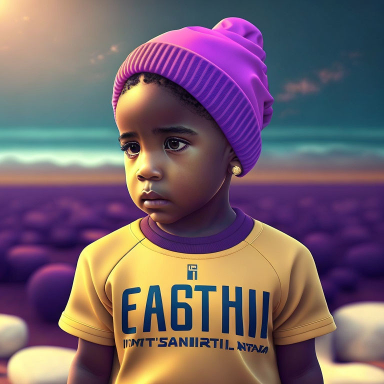 Digital art portrait of young child in purple beanie and yellow shirt with beach sunset background