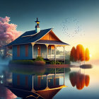 Tranquil autumn lakeside scene with house, reflecting trees, and birds in sky